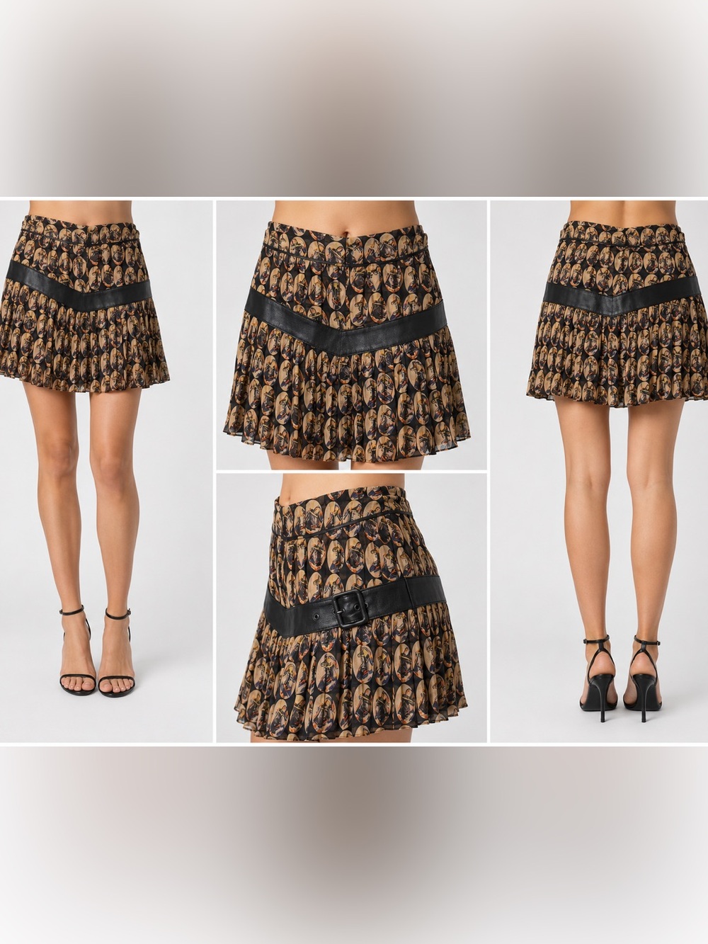 D&G Black and Tan Printed Pleated Mini Skirt with Belt Detail